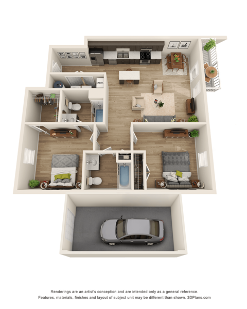 Floor plan for 2 beds, 2 baths, 1104 sqft